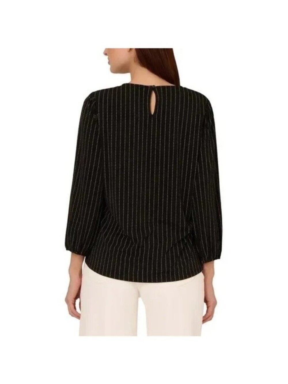 NWT Adrianna Papell Women's S Black Blouse Striped 3/4 Sleeve Keyhole Back M1329 - Picture 2 of 9
